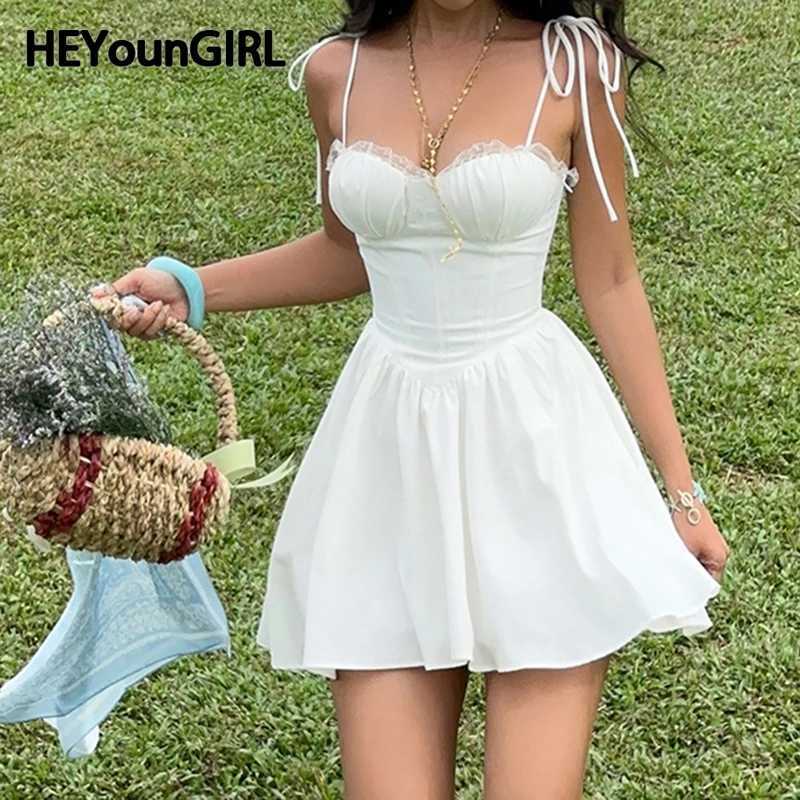 HEYounGIRL Elegant Lace Trim Strappy Dress with Breast Pads Aesthetic Chic White A-line Princess Dress Summer Vacation Style R250716
