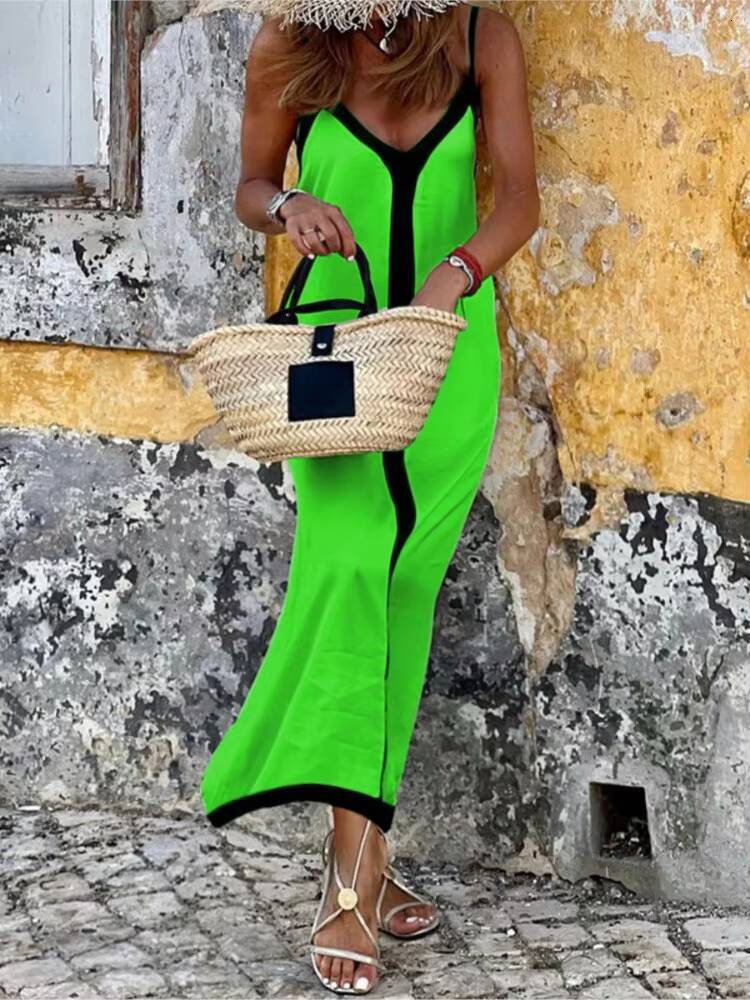 New Summer Holiday Style Beach Long Dress For Women 2024 Sexy V Neck Sleeveless Spaghetti Strap Loose Sundress Female Vestidos dongdumaoyi
