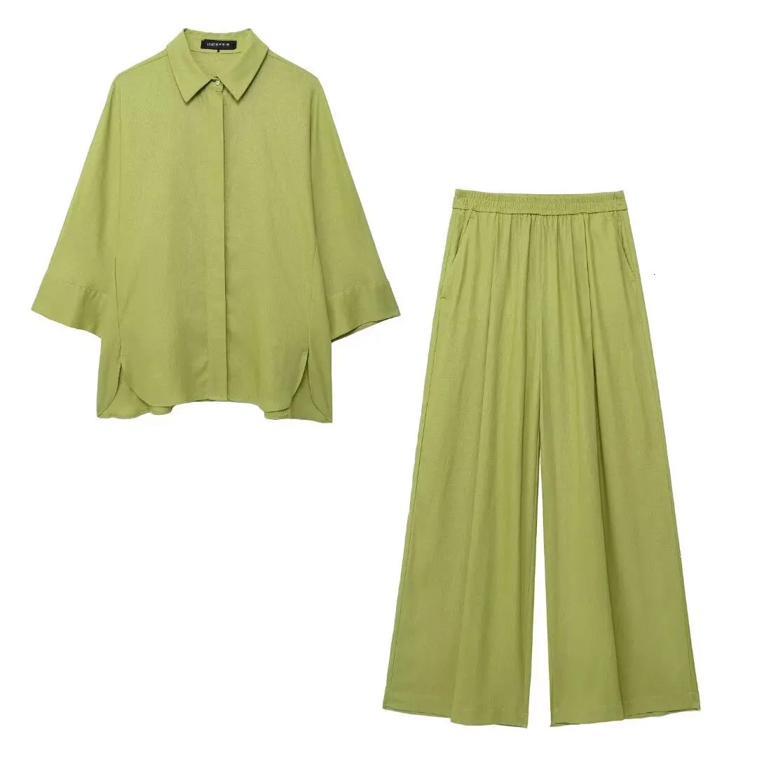 Womens Two Piece Set Solid Color Loose Single-Breasted Shirt Elastic Waist Pocket Folds Decorate Wide Leg Pants 2 Piece Sets 250715