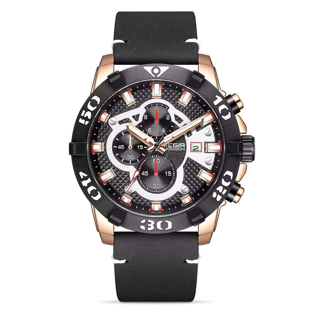 MEGIR 2136 Mens Quartz Solar Watch Big Dial Genuine Leather Band Luxury Sport Style Casual Analog Timepiece