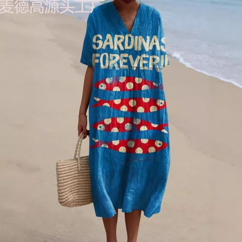 2025 New Plus Size Women's Shirt Pocket Short Sleeve Dress Creative Fish Pattern Vacation Style