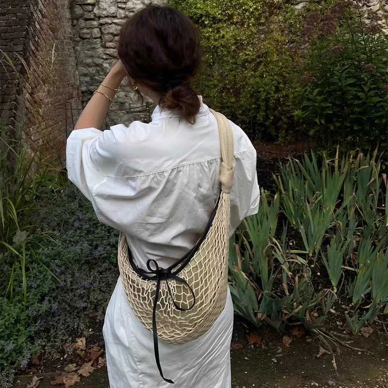 Hand-woven Half-moon Shoulder Bag Apricot Brand Bow Stitching High Quality Holiday Women New Croissant Messenger Net Bag