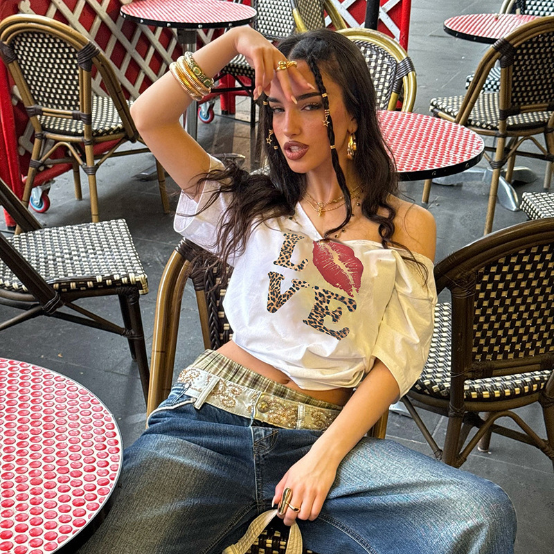 Summer New Women S T Shirt American Street Style Hot Girl Outfit Letter Print Cross Border Off Shoulder V Neck Loose Casual Versatile Short Top Design
