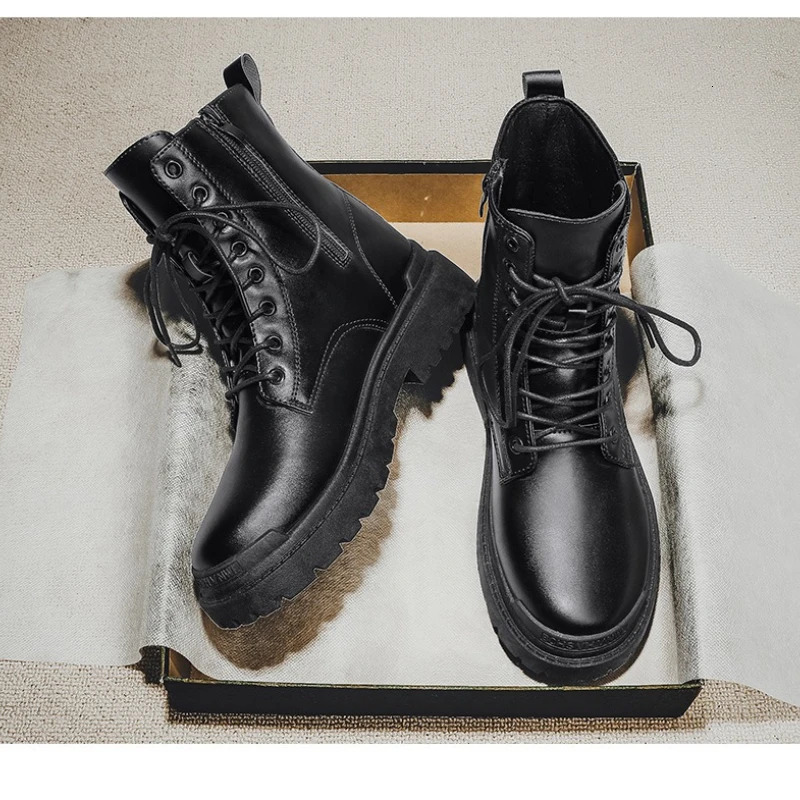 2025 Mens British-Style Chelsea Combat Boots Mid-Calf Leather Work Shoes Side Zipper Wide Fit Non-Slip Comfort Footwear for Men 250715
