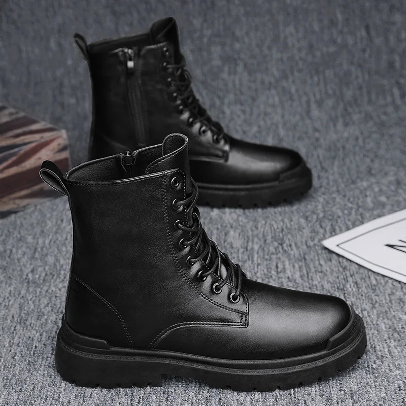 2025 Mens British-Style Chelsea Combat Boots Mid-Calf Leather Work Shoes Side Zipper Wide Fit Non-Slip Comfort Footwear for Men 250715