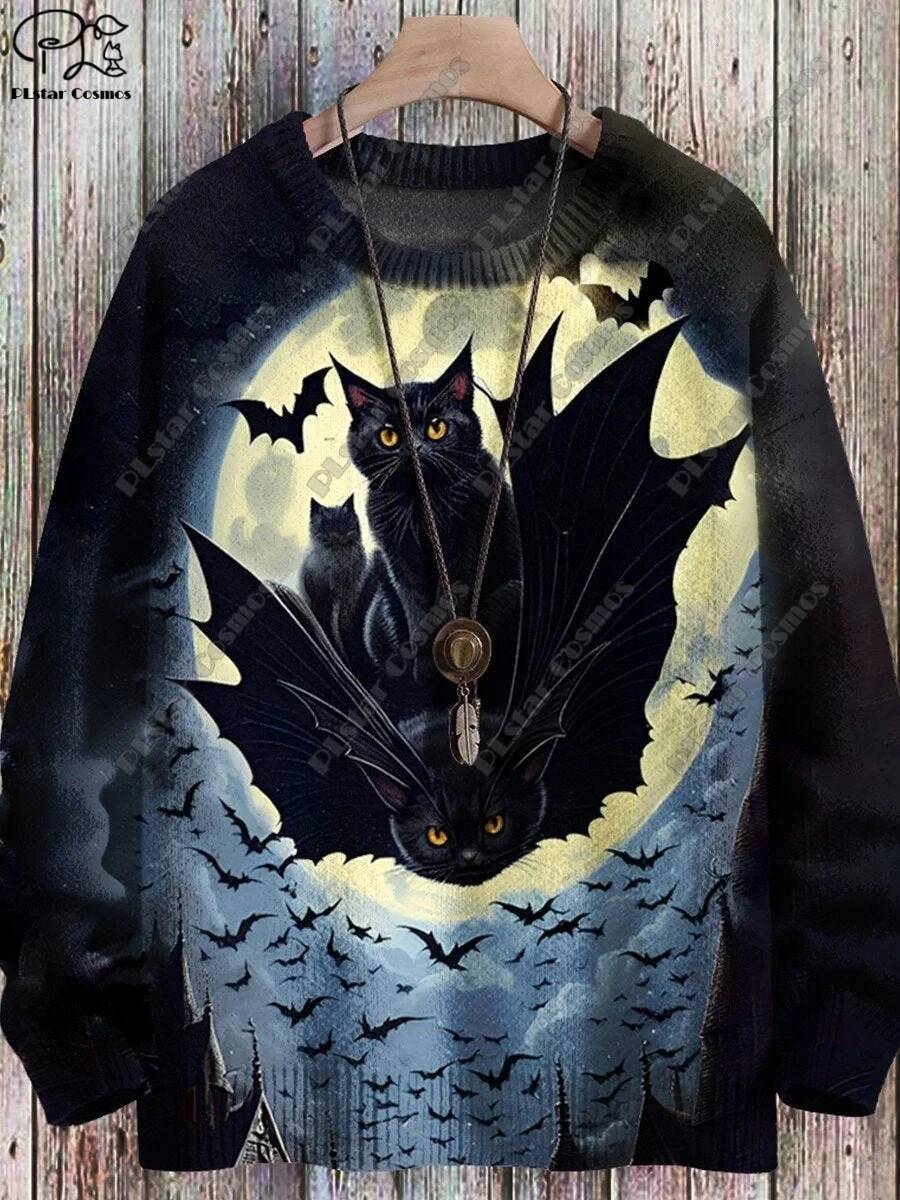 3D Printed Halloween Series Horror Ghost Skeleton Witch Black Cat Pattern Ugly Sweater Street Casual Winter Sweatshirt W-2