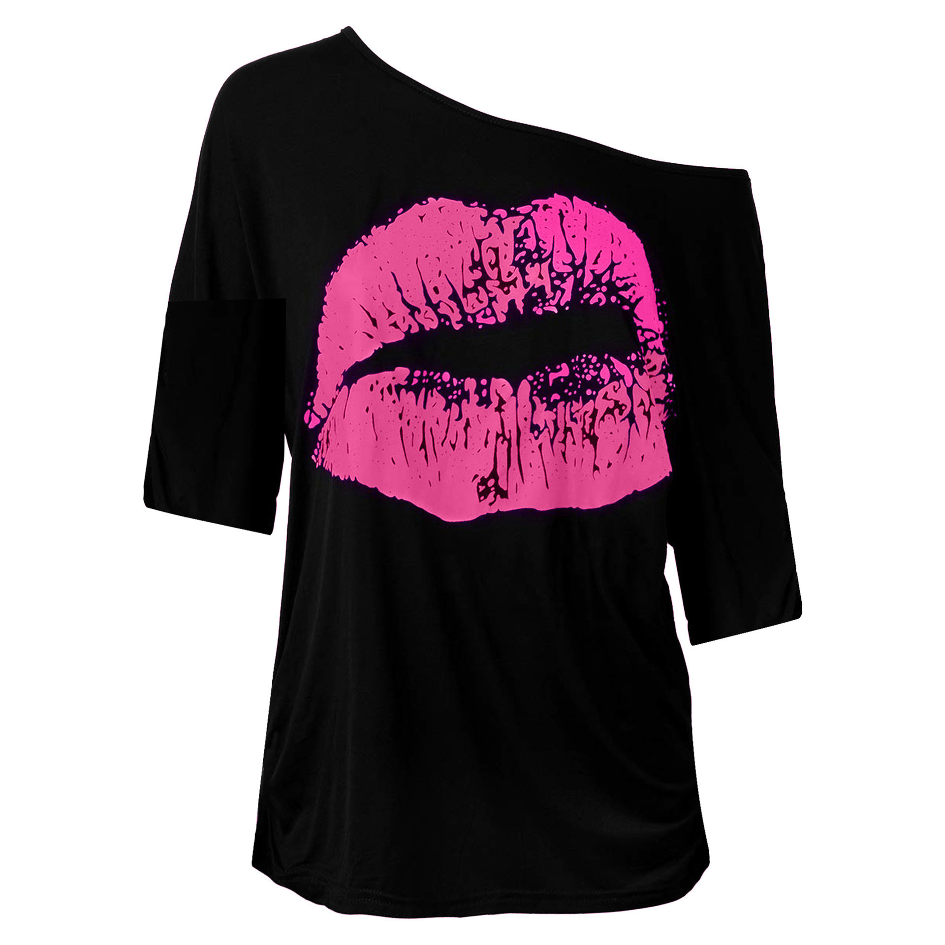 Summer New Women S T Shirt Amazon European And American Spring Autumn Retro Big Lips Print Clothing Off Shoulder Mid Sleeve Designer