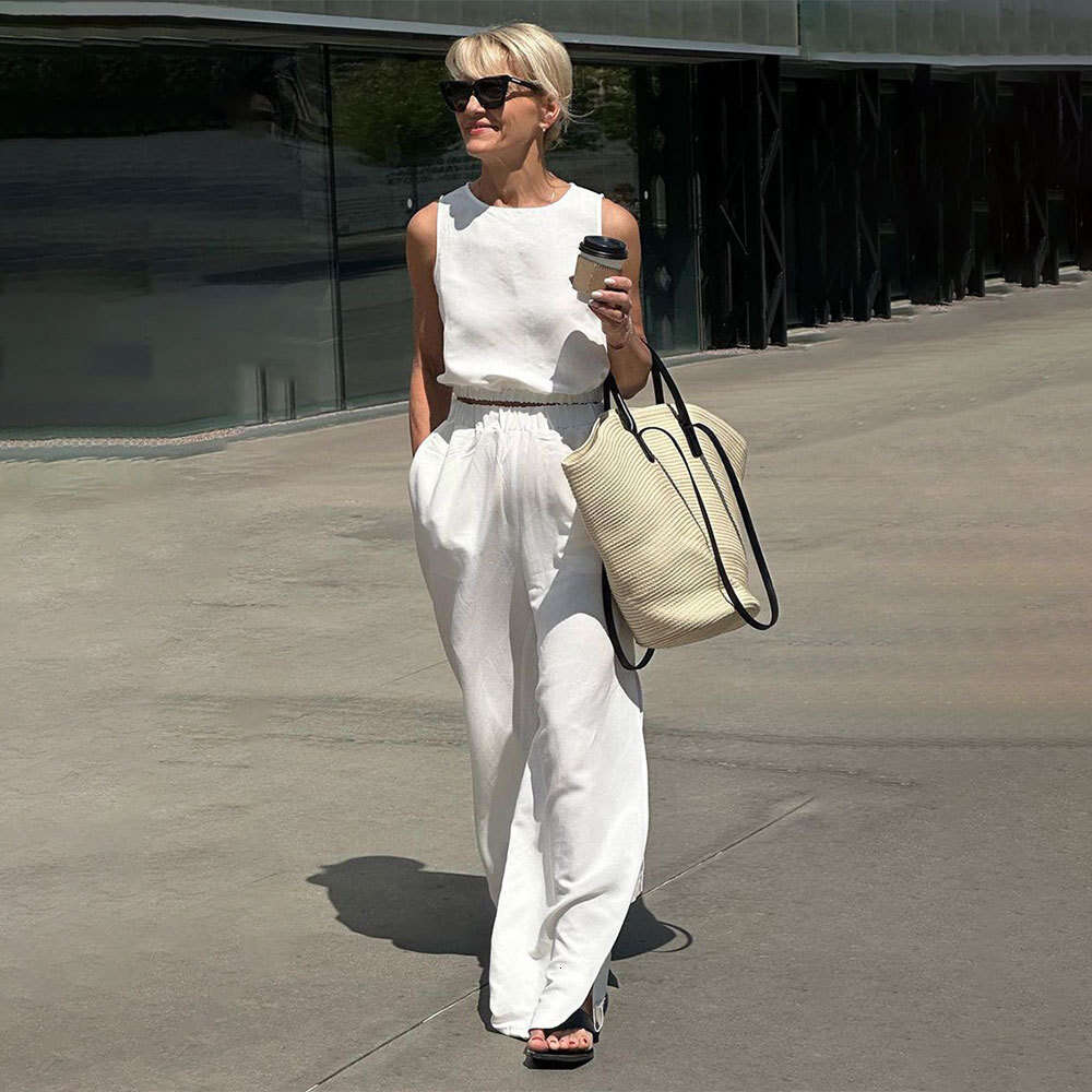 Summer Cotton Linen Short Sleeveless Elastic Waist Exposed Top + Long Pants With Slits Two-Piece Set B5