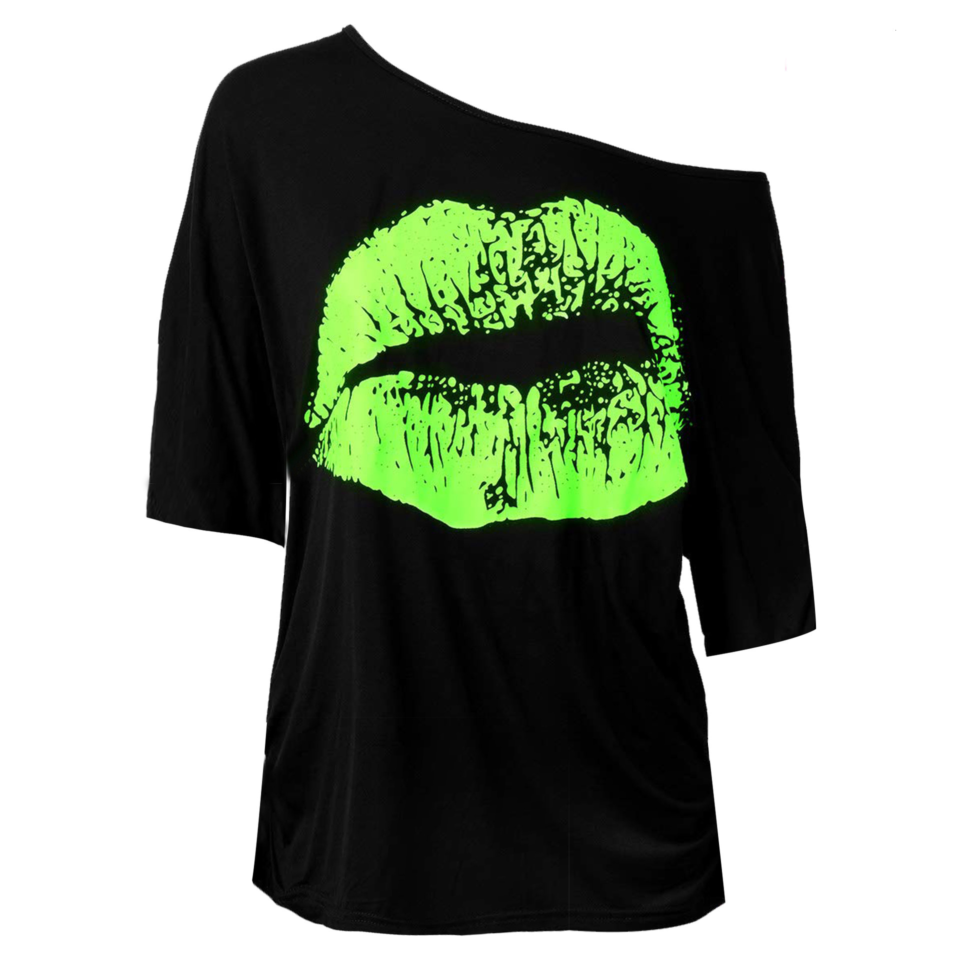 Summer New Women S T Shirt Amazon European And American Spring Autumn Retro Big Lips Print Clothing Off Shoulder Mid Sleeve Designer