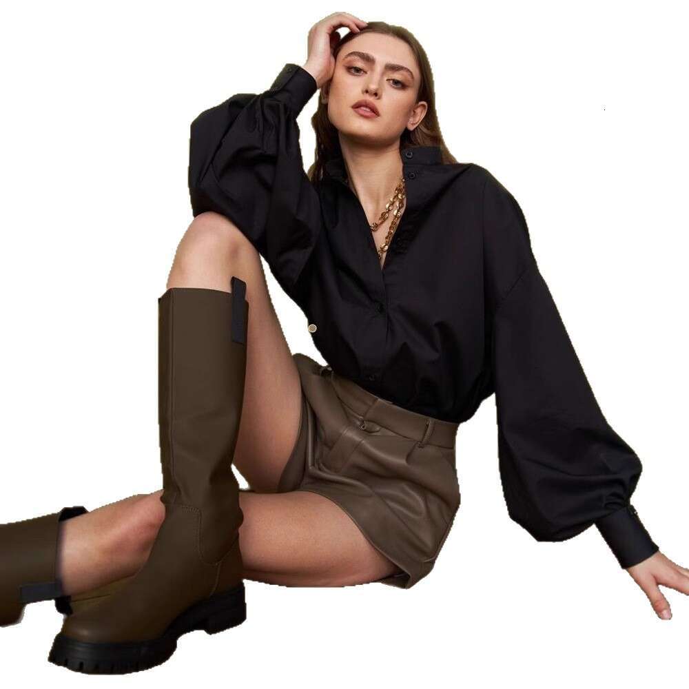 Lantern Sleeve Solid Color Spring Summer Elegant Sister Commuter Versatile Loose Round Neck Shirt B5