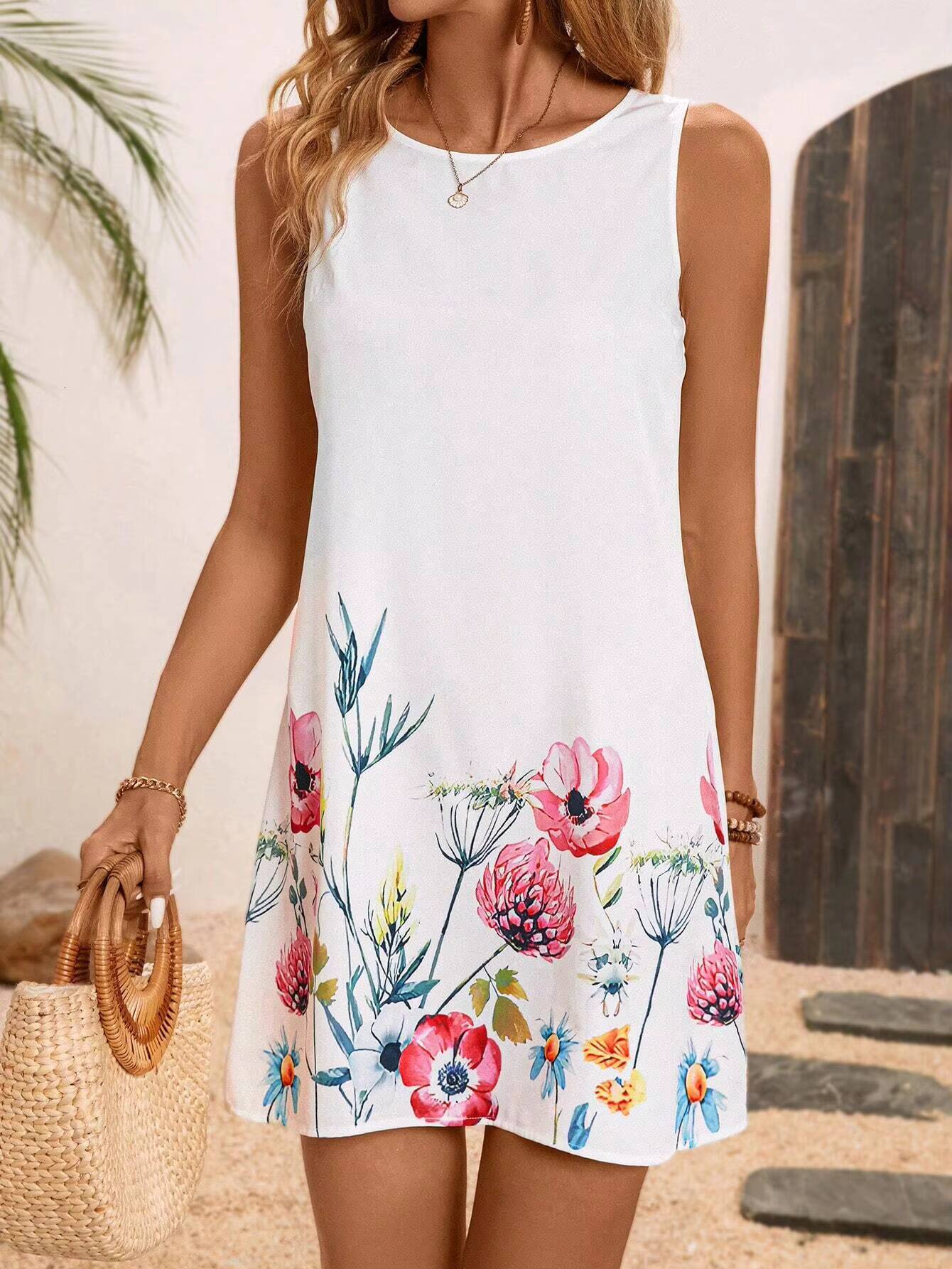 Summer Fresh And Faded Floral Print Sleeveless Round Neck Invisible Pocket Vest Sweet Suspender Splicing Dress Fit dongdumaoyi
