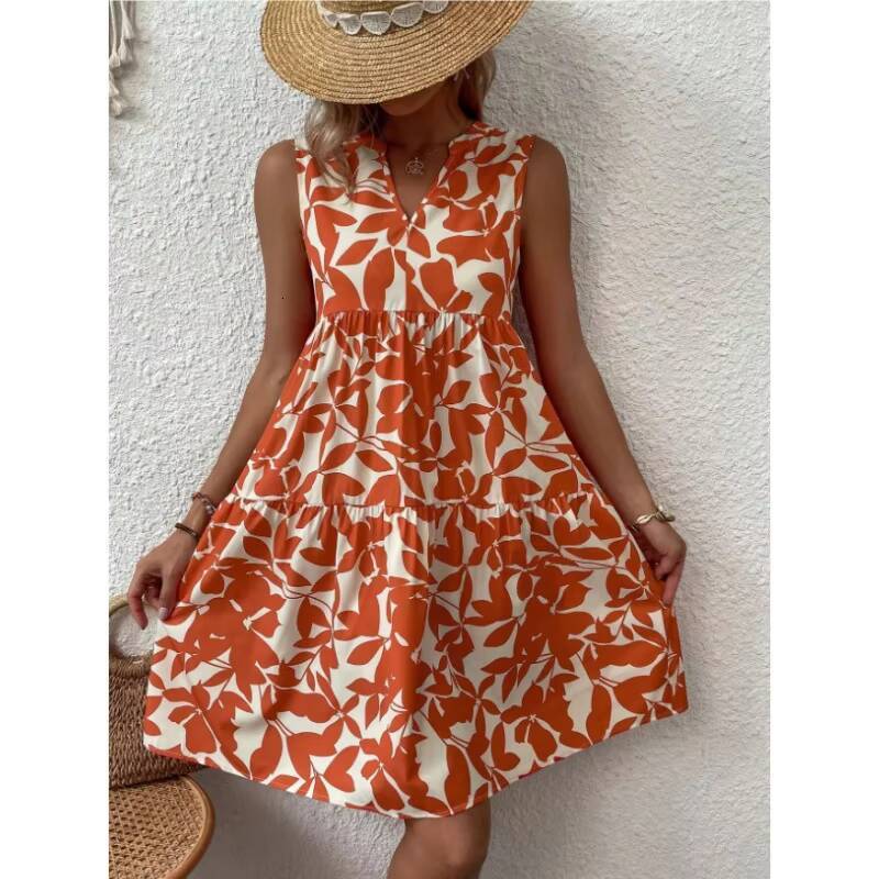Women V Neck Sleeveless Floral Print Mini Party Dress Summer Fashion Boho Beachwear Holiday Pleated Dresses YED-X2432 dongdumaoyi