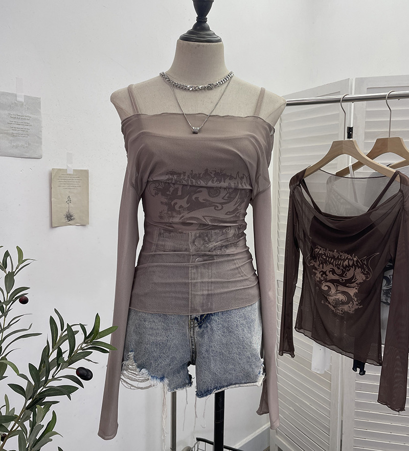 Summer New Women S T Shirt Real Shot Hot Girl Off Shoulder Mesh Sunscreen Cover Up Camisole Long Sleeve T Shirt Two Piece Set For Women New Designer T