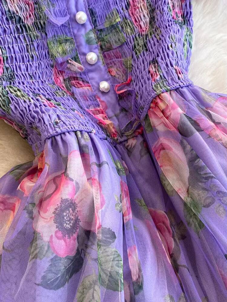 Summer Women Floral Mesh Midi Dress Sweet Square Collar Short Puff Sleeve Ruffle Vestidos Female Elegant Purple/Green/Red Robe dongdumaoyi