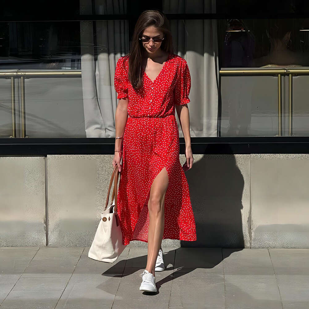 Polka Dot Summer V-Neck Waist-Cinching Slit Mid-Length Red Short-Sleeve Dress For Women B5