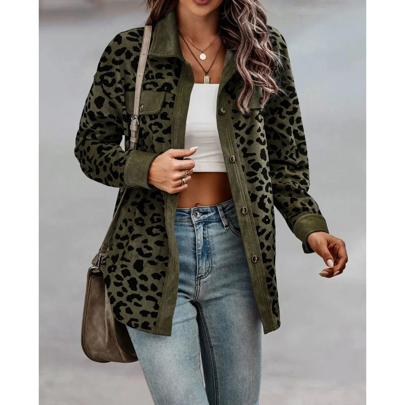 Autumn And Winter Fashion Leopard Print Button Long Sleeve Jacket Woman 250715