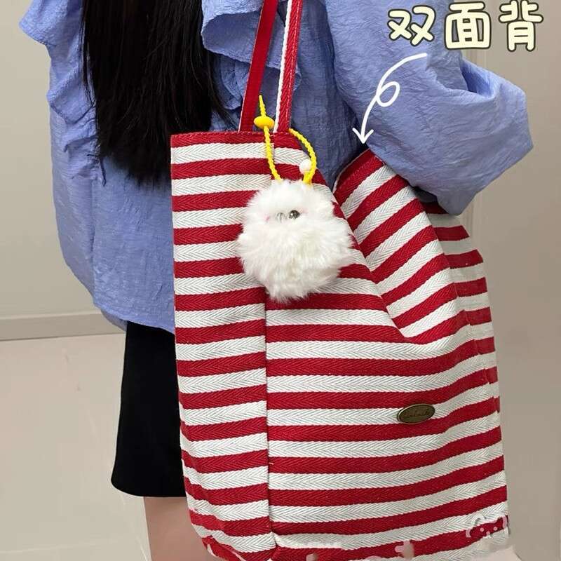 Striped Canvas 2025 New Korean Version Ins Casual Single Shoulder Large Capacity Tote Shopping Bag