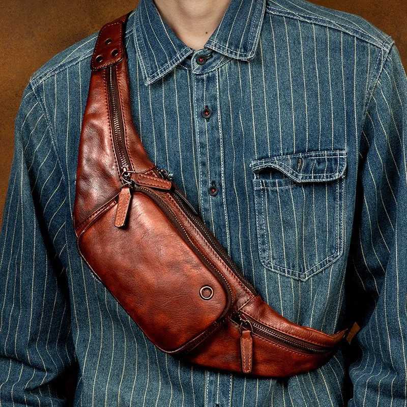Leather bag with vegetable tanned cowhide multi-functional casual waist bag vintage bag.