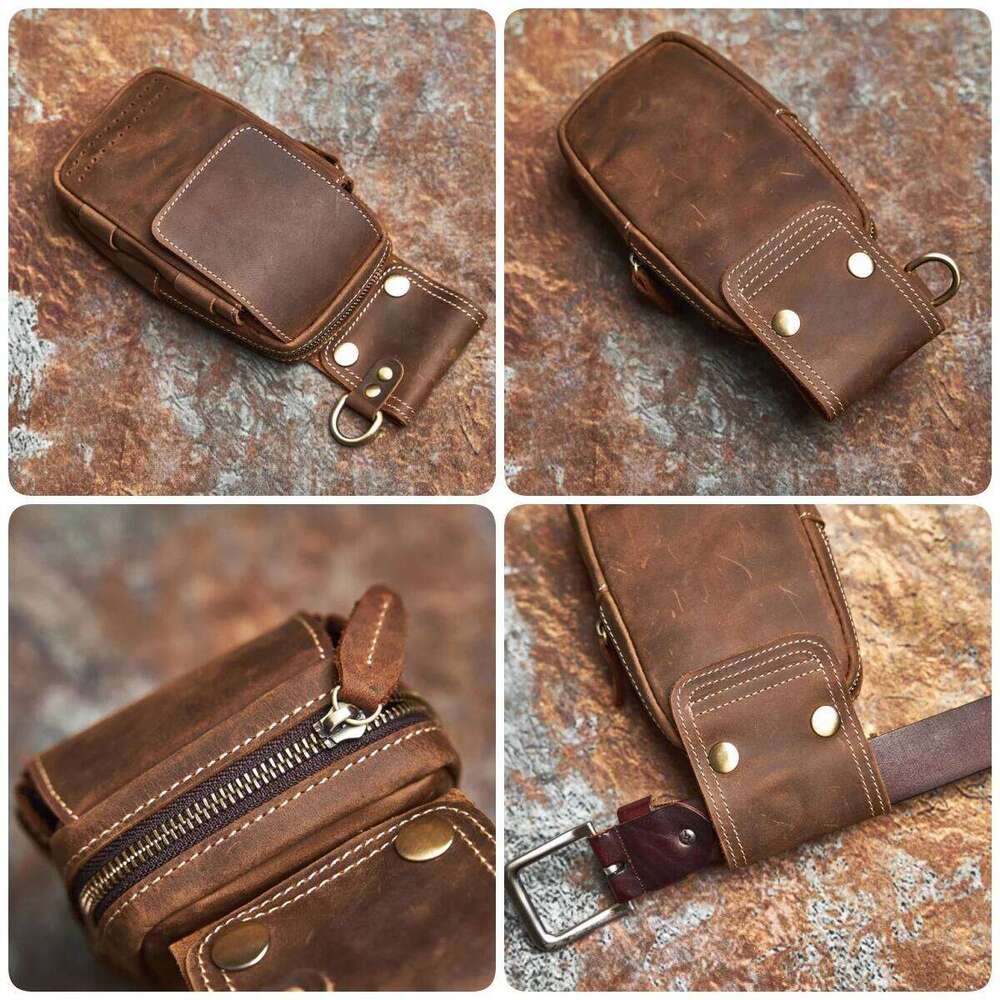 Genuine Leather Men's Multifunctional Mobile Phone Wearable Belt Waist Bag with Key Hanging Buckle