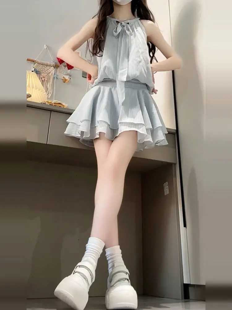 2025 Summer New Korean Blue Tie-fitting Neck Dress for Women College Style Waist-hugging and Slimming A-line Short Skirt R250716