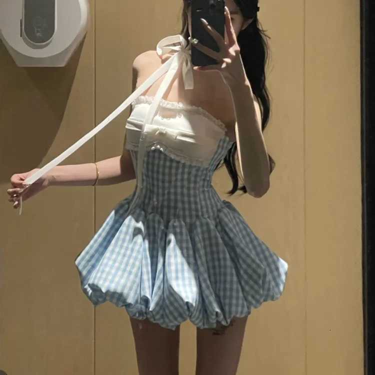 Korean Style Kawaii Retro Plaid Women Dress Fashion Party Sexy Strapless Bud Dress Summer Vintage Y2K Design Sense Mini Dress New R250716