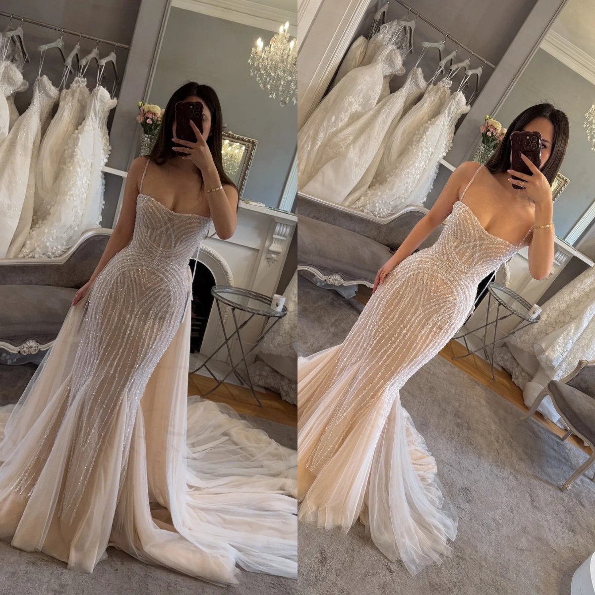 Illusion Sequined Lace Wedding Dresses Women Sexy Spaghetti Straps Bride Dresses Customized Sleeveless Sweep Train Bridal Gown