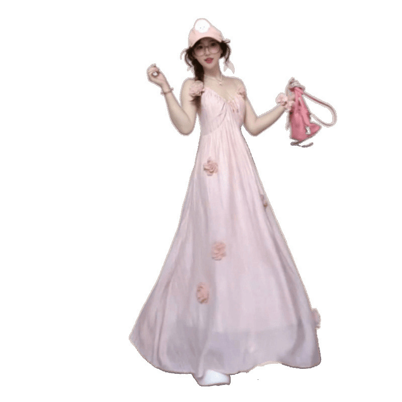 2025 Plus Size French Style Pink Floral Backless Strap Dress Summer New Stunning Slimming Long Tummy Covering