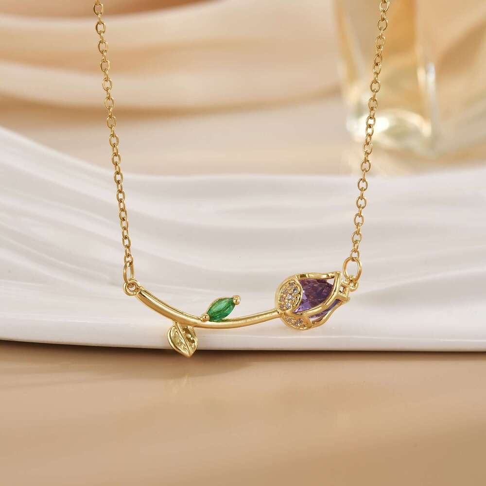 Korean Style Titanium Steel Necklace For Women, Colorful Tulip Micro Inlaid Zircon, Light Niche High-End Feel, Non-Fading Jewelry Accessories D26