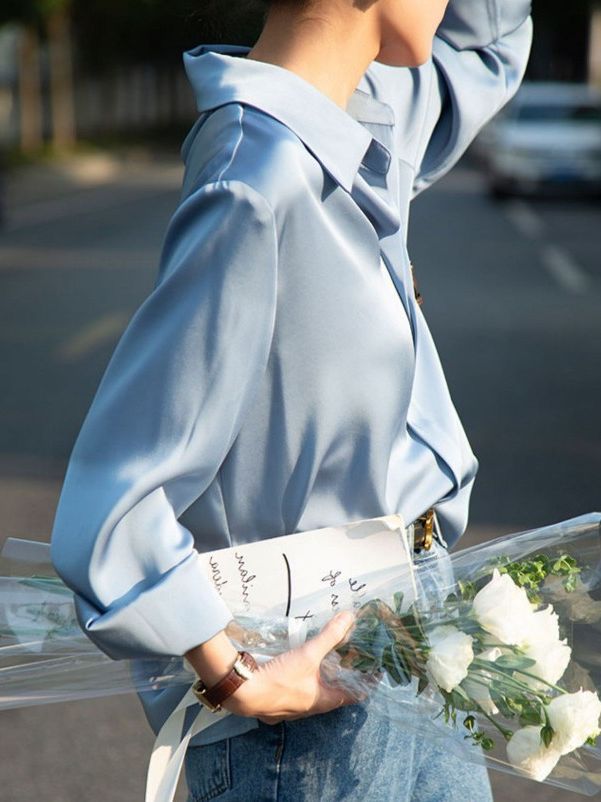 2025 Blue Silk Satin Shirt Women's Long Sleeve Spring and Autumn Imitation Acetic Acid Shirt French Style with a Hanging Feel