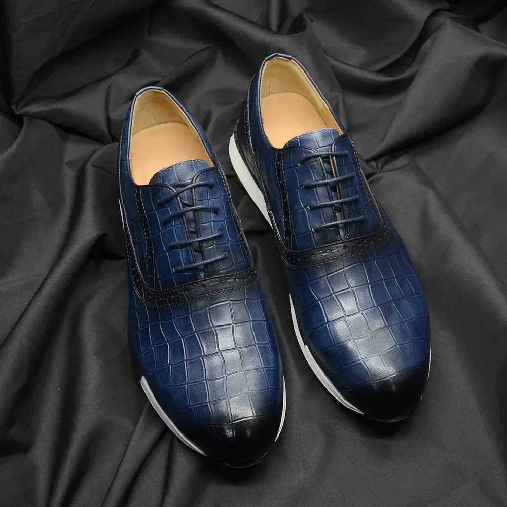 Luxury Men Genuine Leather Casual Sneakers Comfortable Lace Up Oxford Daily Social Shoes Stone Pattern Solid Blue Mens Footwear W250716