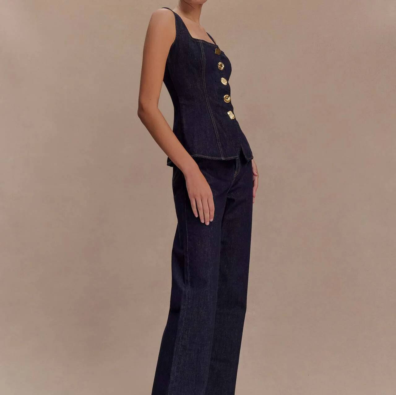 Spring Summer Women's Modern Style Button-Square Collar Sleeveless High-Waisted Denim Top And Straight-Leg Jeans Two-Piece Set