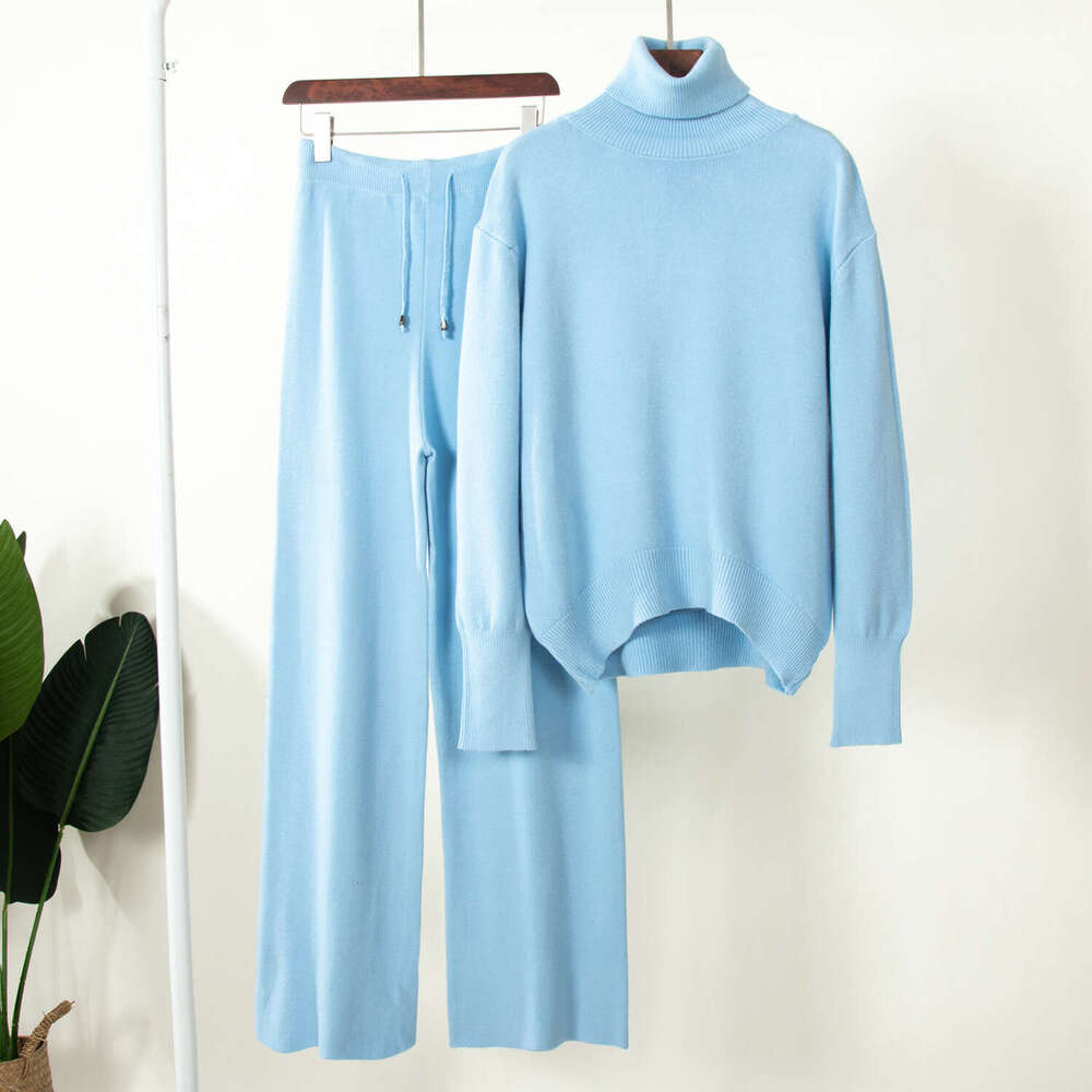 Solid Color Turtleneck + Wide-Leg Pants Knitted Two-Piece Set Winter Versatile Loose Sweater Outfit B5