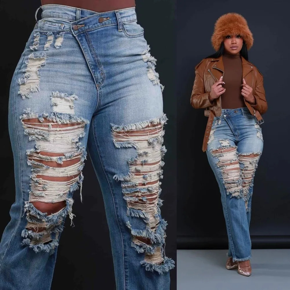 Jeans Ankle Length Women Pencil Denim Hole Pants Ripped Pockets High Waist Jean Skinny Streetwear Button Washed Distressed 250716