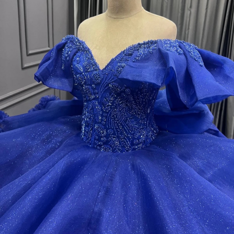 Royal Blue Shiny Quinceanera Dresses Ball Gown Off The Shoulder Applique Beading Tull Party Birthday Sweet 16 Dress Vestidos 15 Anos
