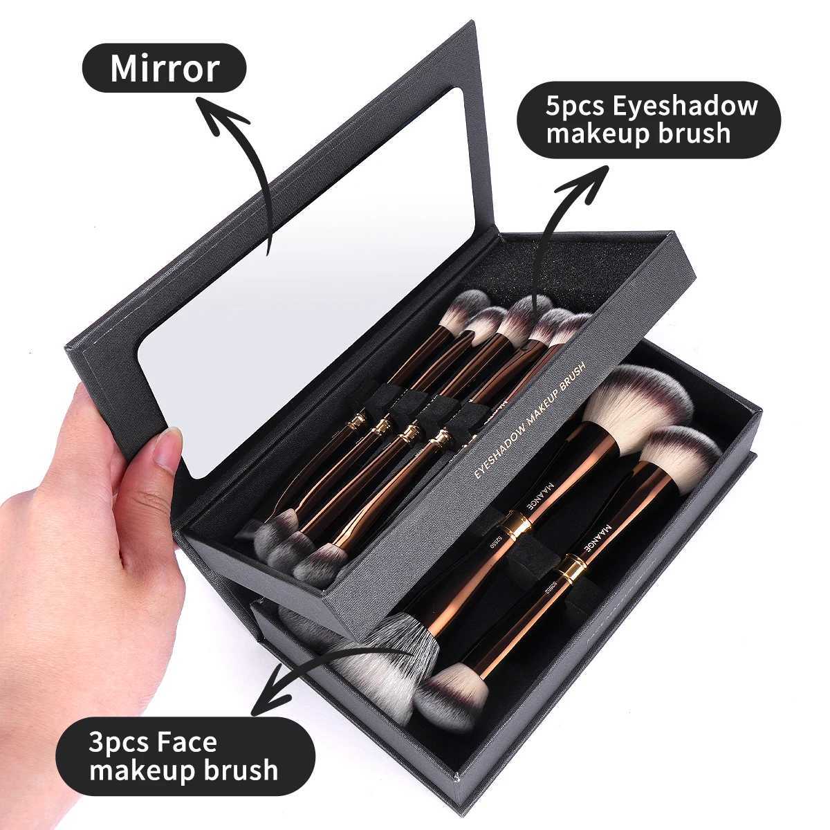 8PCS Dual-Ended Makeup Brushes Set with Mirror Gift Box Foundation Powder Blush Concealer Highlighter Cosmetics Blending XJ2500716
