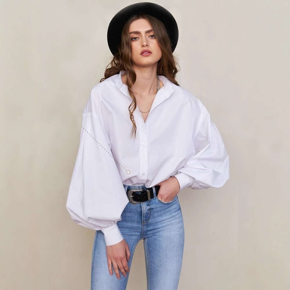 Lantern Sleeve Solid Color Spring Summer Elegant Sister Commuter Versatile Loose Round Neck Shirt B5