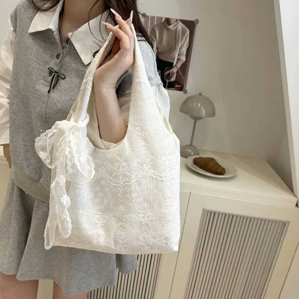 Shopping Tote Bag Lace Shoulder Bag With Ribbon Korean Style Simple Canvas Handbag Cloth Simple Large Capacity Bag Daily