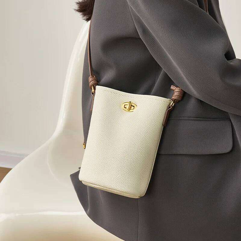 Women's Fashion Genuine Leather Pebbled Bucket Designer Portable Bag Top Layer Cowhide Shoulder Crossbody Ba