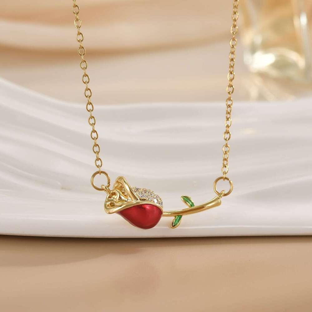 For Women Internet Celebrity Colorful Oil Drop Rose Flower Niche New Design Pendant Elegant Titanium Steel Necklace F59