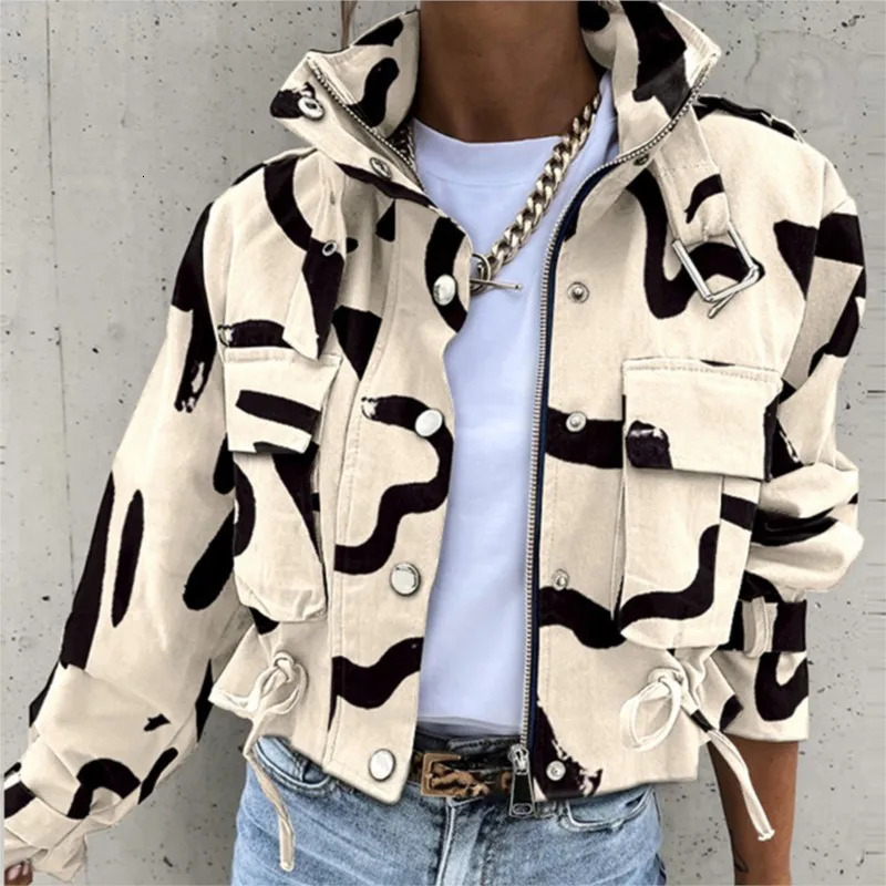 Autumn Winter Print Casual Jacket For Women Short Coats Long Sleeve Pockets Fashion Jackets Y2k High Street Style Coat Female 250715