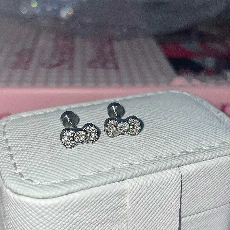 Sanrio 1 Piece Full Rhinestone Cat Ear Bone Stud Flat Titanium Steel Screw Earrings Snail Studs Daily Versatile Women Earringsw250716