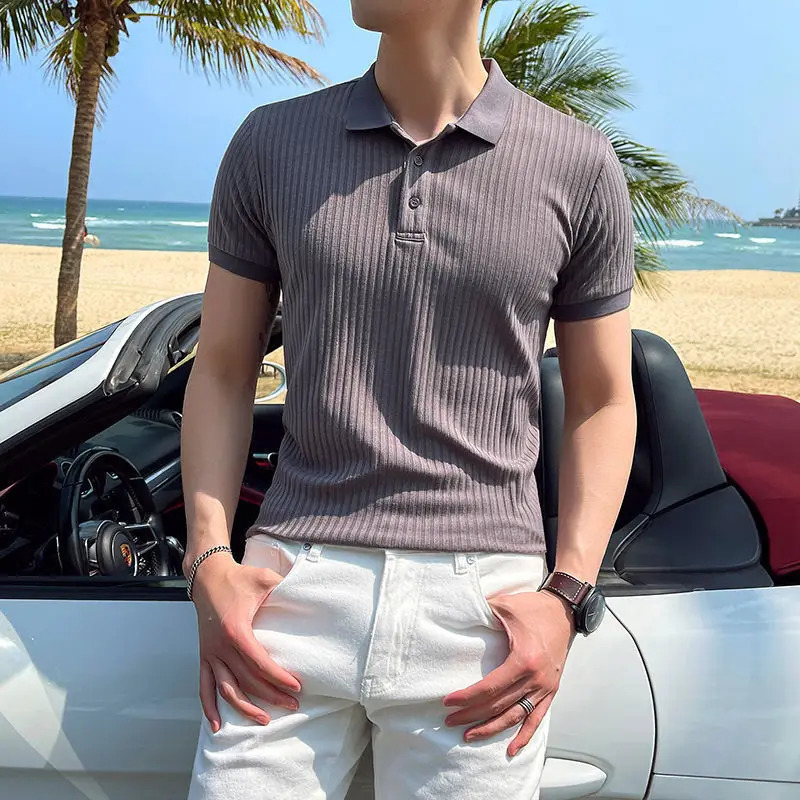 Summer Knit Men Polo Shirts Lapel Solid Color Brathable Ice Silk Comfortable Fashion Short Sleeve Men T Shirts Tops 250716