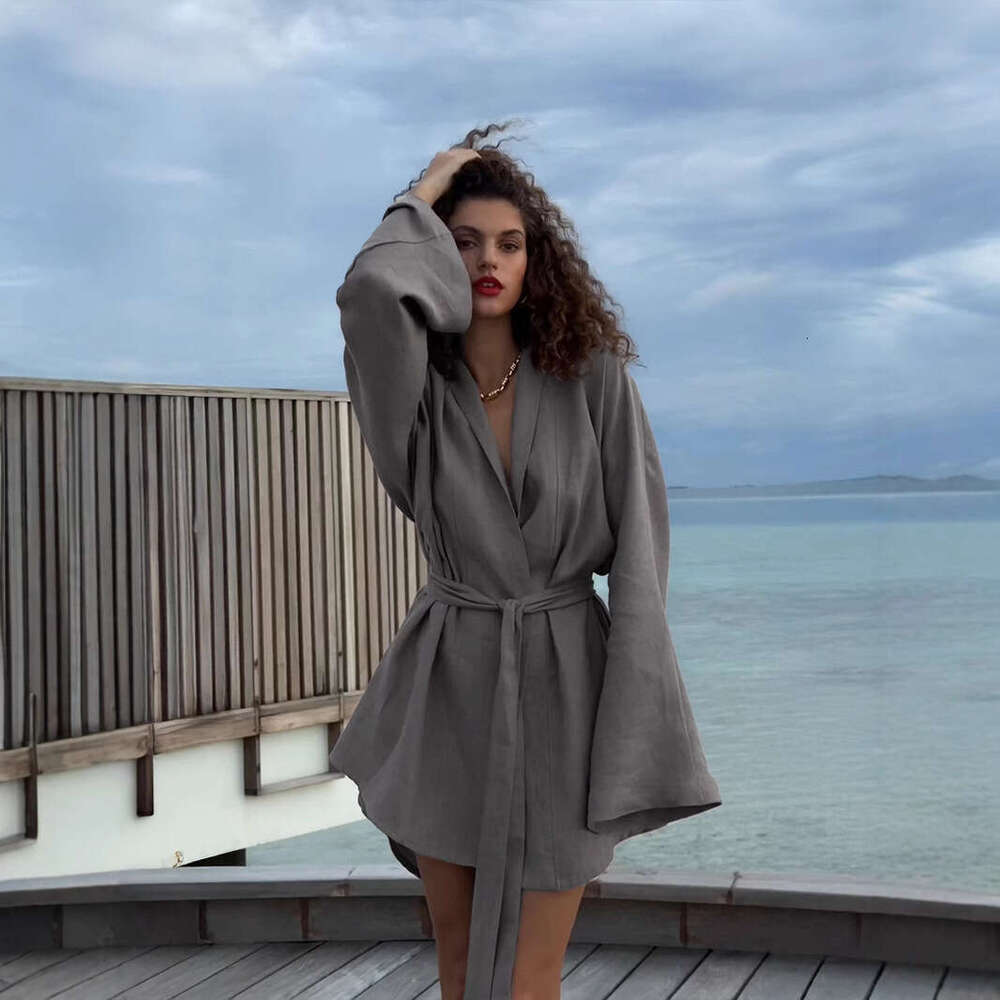 Cotton Linen Robe For Women Spring Summer New Tie Casual Comfortable Beach Dress B5