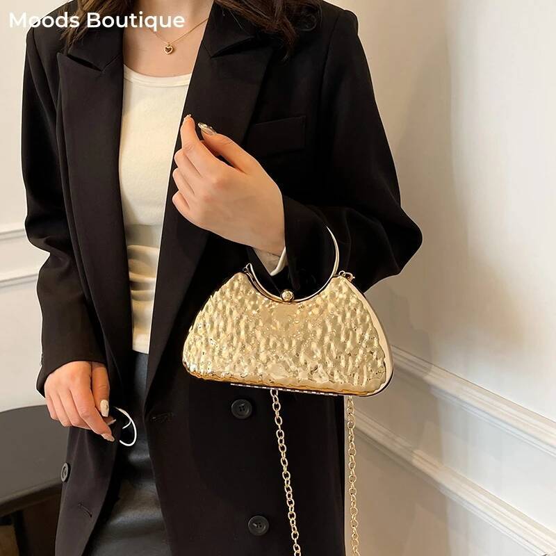 Round Handle Golden Evening Clutch Bags For Women Metal Texture Designer Purses And Handbags Wedding Party Crossbody Bag
