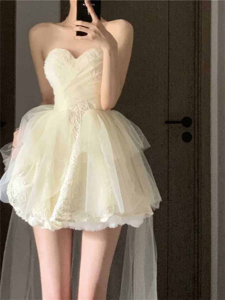 Korean Style White Party Dresses Women Mesh Lace Slash Neck Strapless Puffy Layered Mini Elegant Ladies Backless Dress R250716