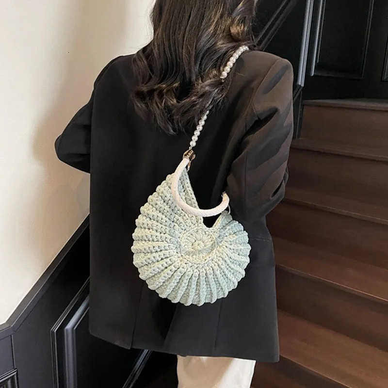 Summer Ocean Conch Shell Crochet Bags Handwoven Pearl Accent Shoulder Bag Cute Small Beachy Purse Womens Boho Crossbody Handbag M250716