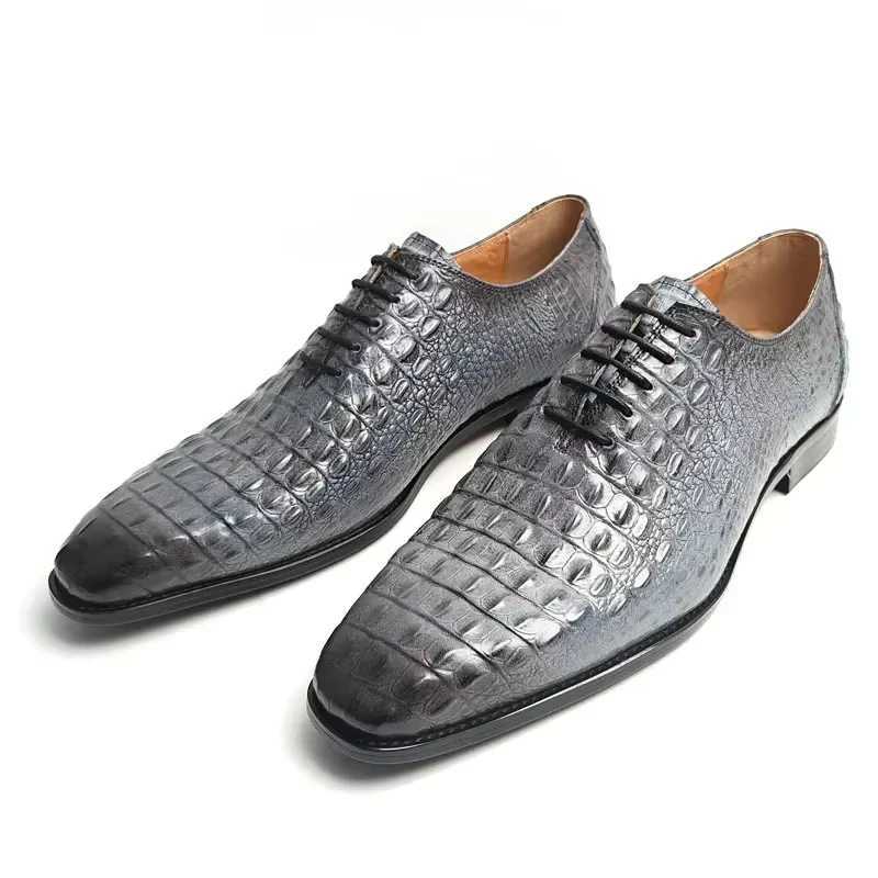 Deluxe Leather Shoes Crocodile Pattern Lace Up Wedding Shoes for Men Business Casual Leather Shoes Round Toe Height Increasing W250716