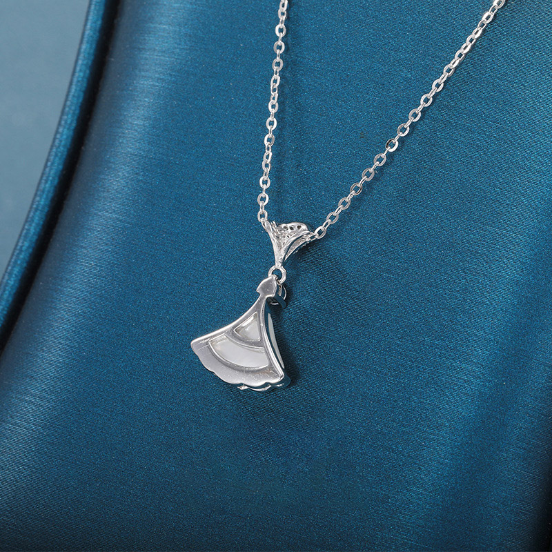 Silver - Toned Fan - Shaped Pendant Necklace With White Mother - of - Pearl And Rhinestone Accents Elegant Daily And Special Occasions Gift For Her Fa