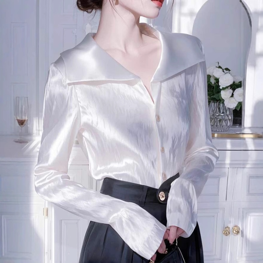 Western style white long sleeved satin shirt for women, 2025 early spring new style unique and chic French professional shirt