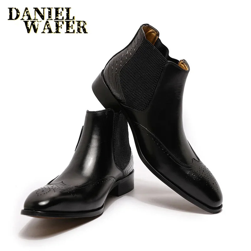 Mens Genuine Leather Chelsea Boots Ankle High Grade Slip-On Buckle Strap Wingtip Brown Black Basic Shoes 250715